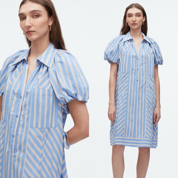 3.1 Phillip Lim Dresses & Skirts - 3.1 Phillip Lim Sz 2 Collared Puff Sleeve‎ Short Shirt Dress Striped Side Ties